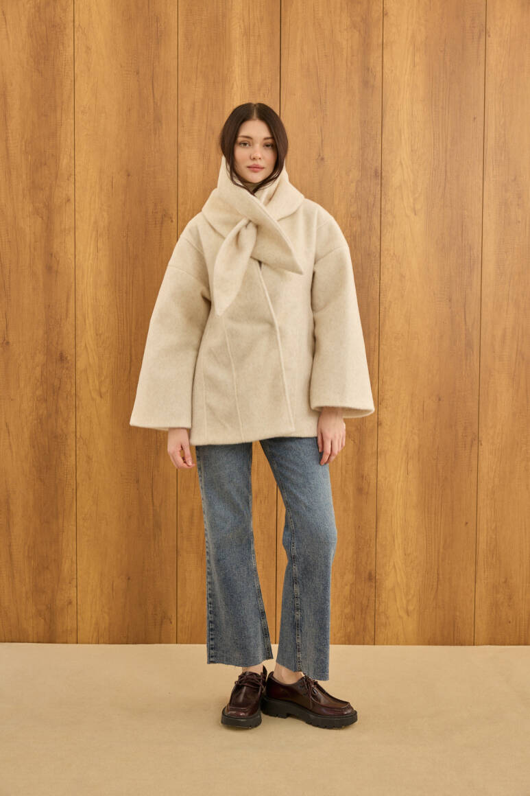 Fularlı Oturtmalı Midi Fox Kaban Bej - 1