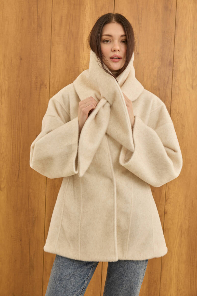 Fularlı Oturtmalı Midi Fox Kaban Bej - 4