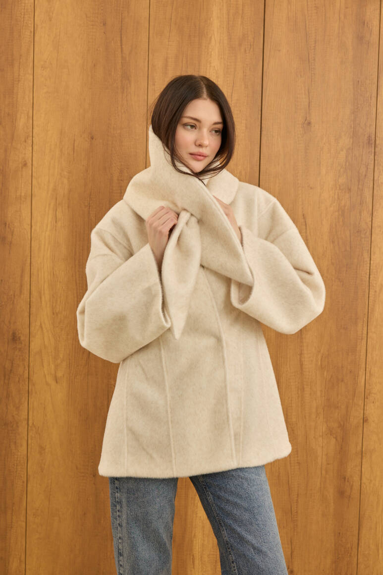 Fularlı Oturtmalı Midi Fox Kaban Bej - 2