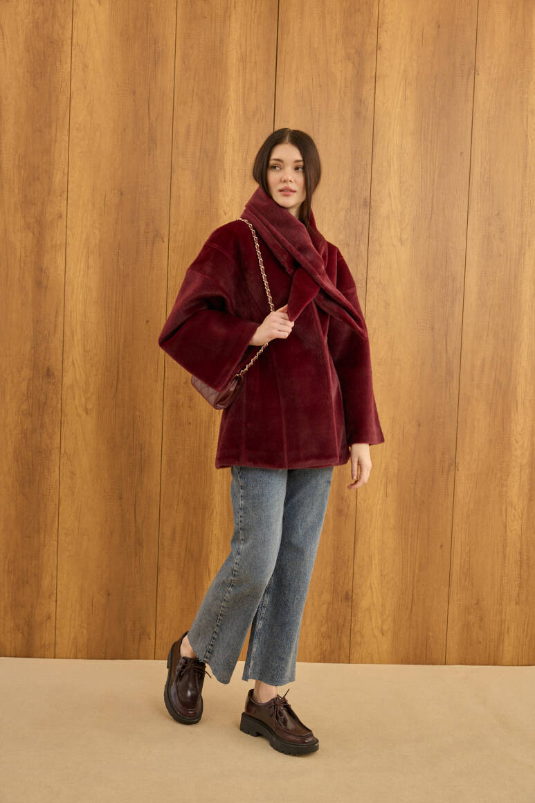 Fularlı Oturtmalı Midi Fox Kaban Bordo - EMNORA