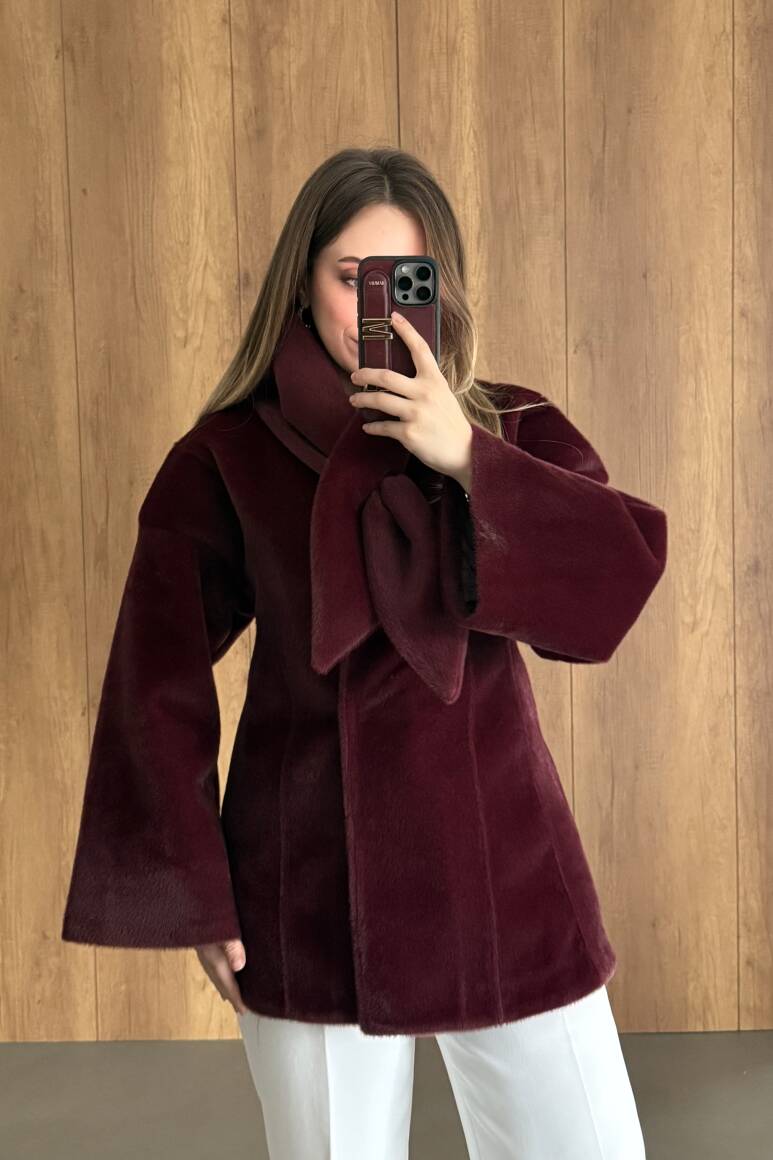 Fularlı Oturtmalı Midi Fox Kaban Bordo - 9