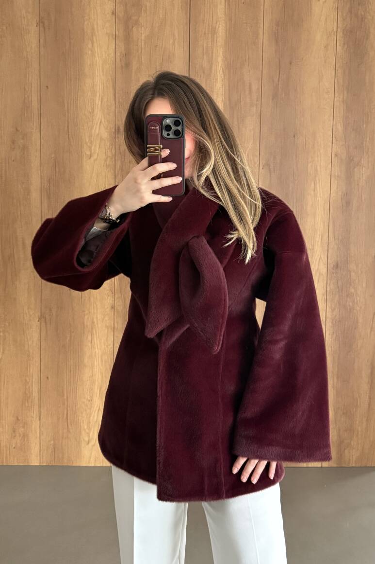 Fularlı Oturtmalı Midi Fox Kaban Bordo - 10