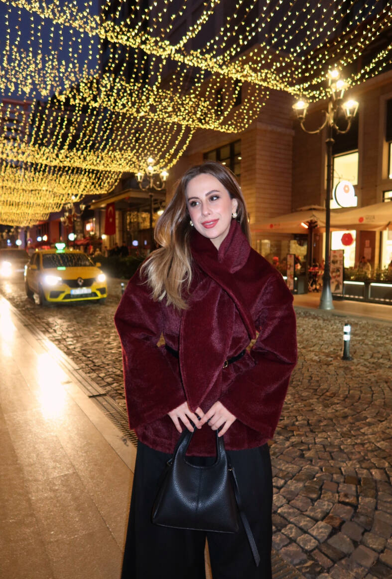 Fularlı Oturtmalı Midi Fox Kaban Bordo - 7