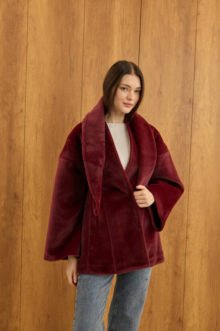 Fularlı Oturtmalı Midi Fox Kaban Bordo - 4