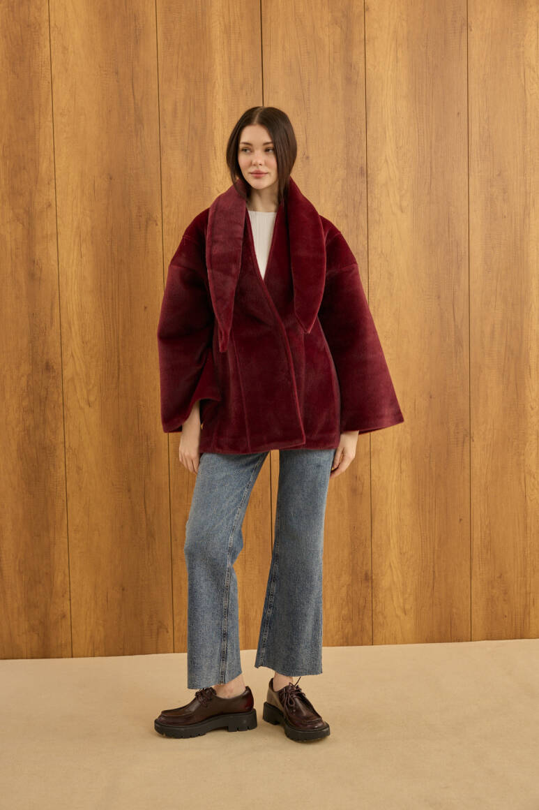 Fularlı Oturtmalı Midi Fox Kaban Bordo - 5