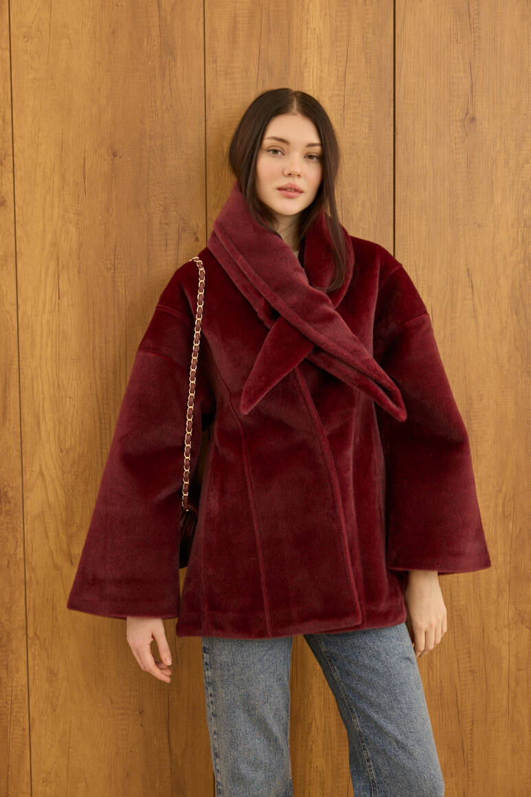 Fularlı Oturtmalı Midi Fox Kaban Bordo - 2