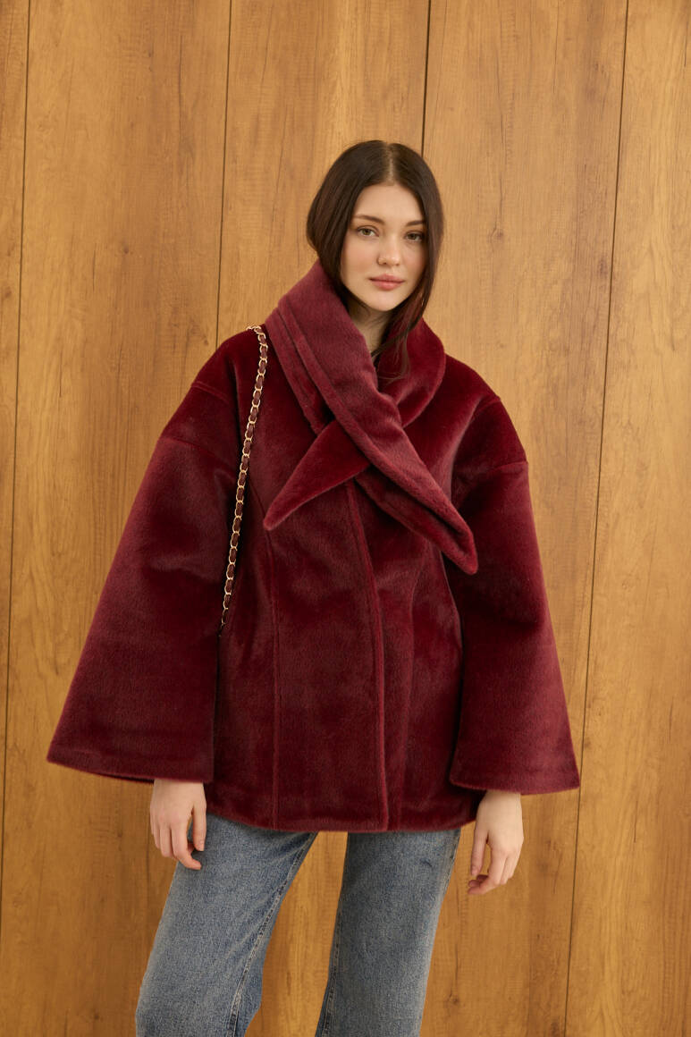 Fularlı Oturtmalı Midi Fox Kaban Bordo - 6