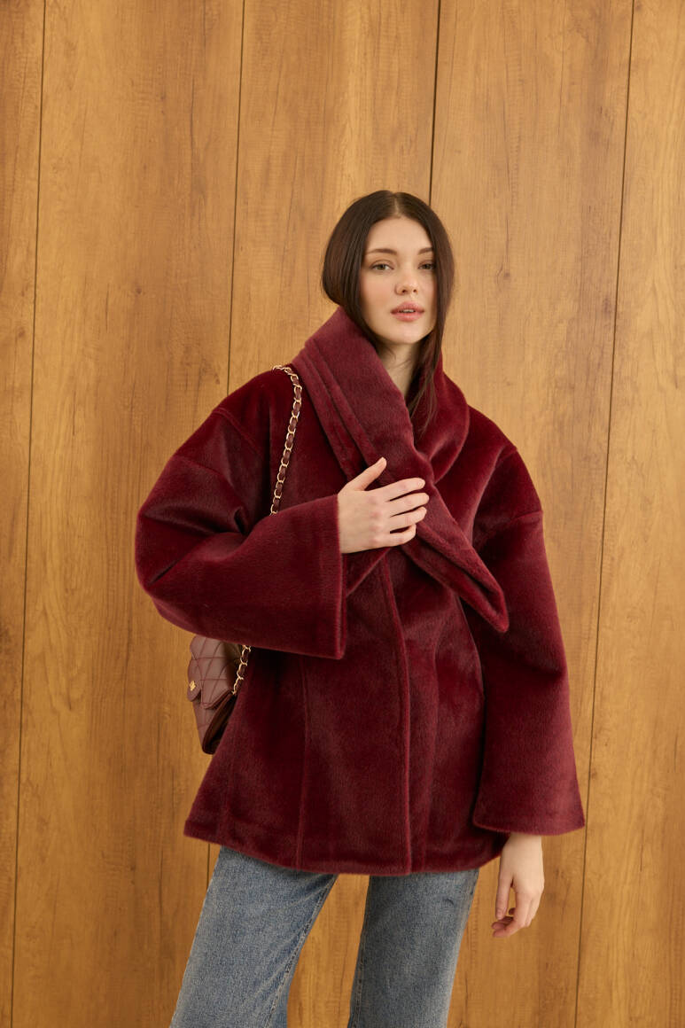 Fularlı Oturtmalı Midi Fox Kaban Bordo - 3