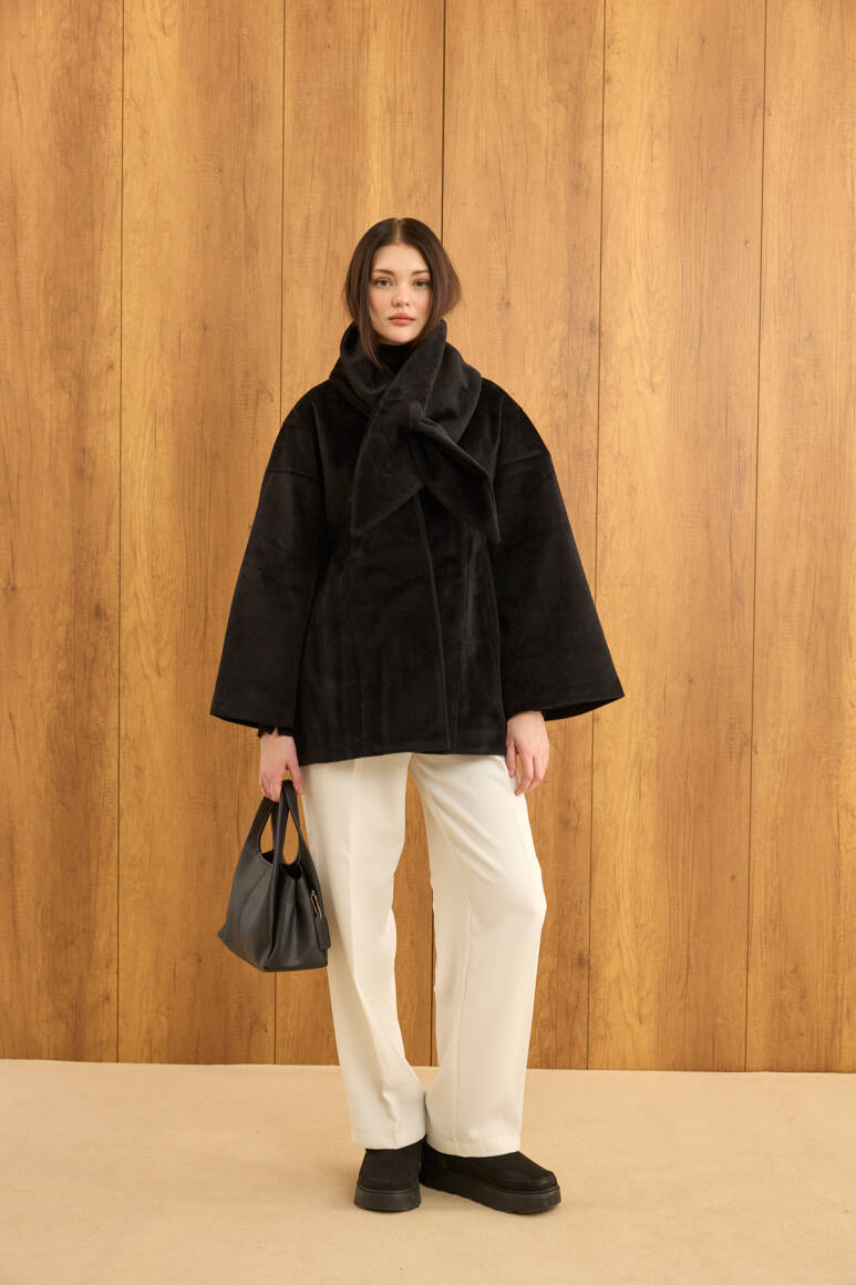 Fularlı Oturtmalı Midi Fox Kaban Siyah - EMNORA