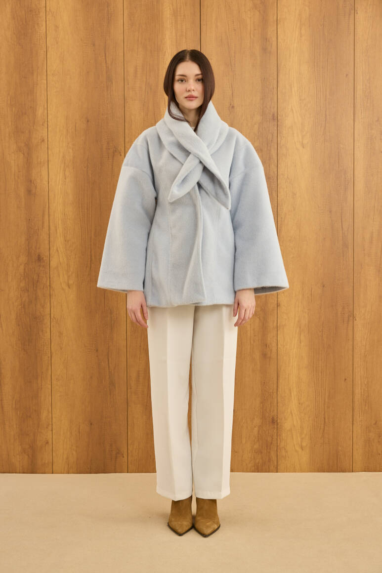 Fularlı Oturtmalı Midi Fox Kaban Soft Mavi - EMNORA