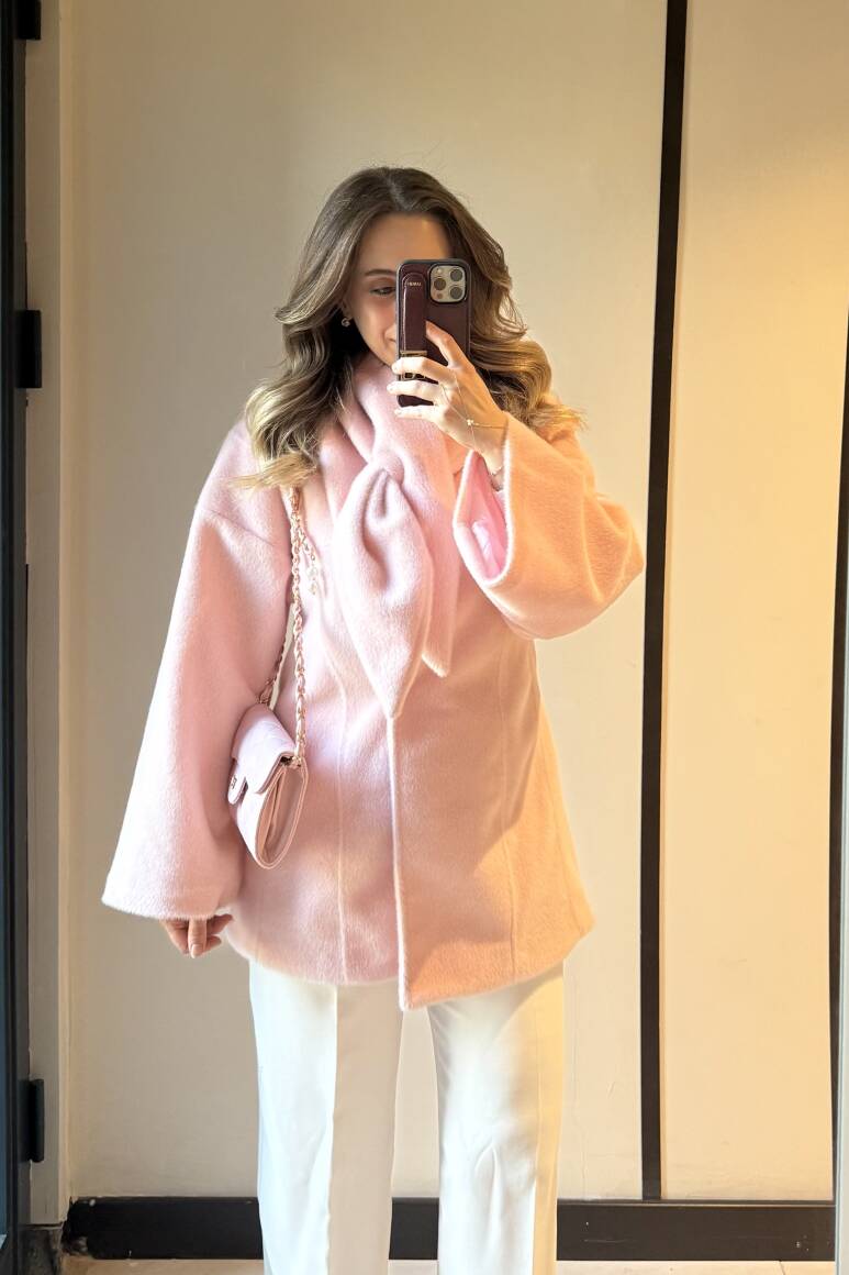 Fularlı Oturtmalı Midi Fox Kaban Soft Pembe - 10