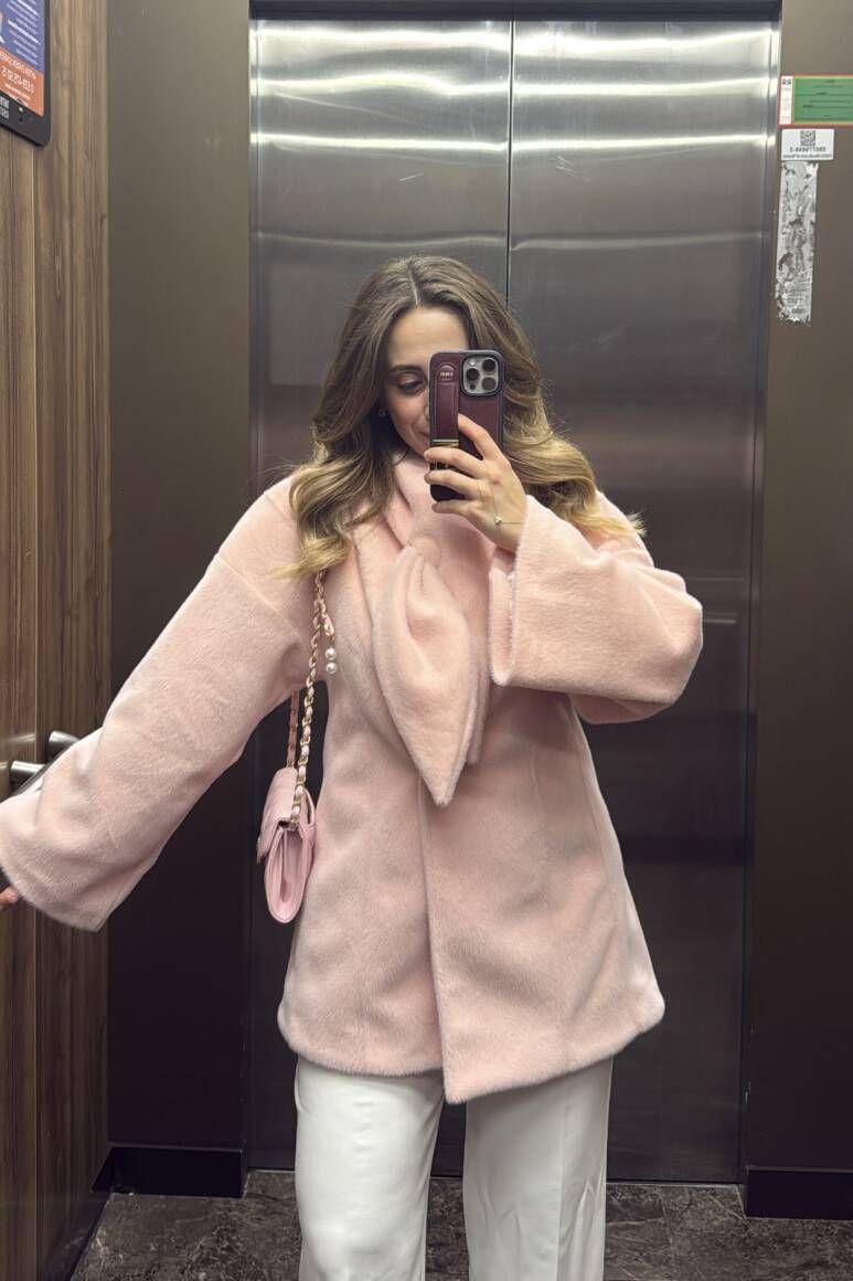 Fularlı Oturtmalı Midi Fox Kaban Soft Pembe - 9