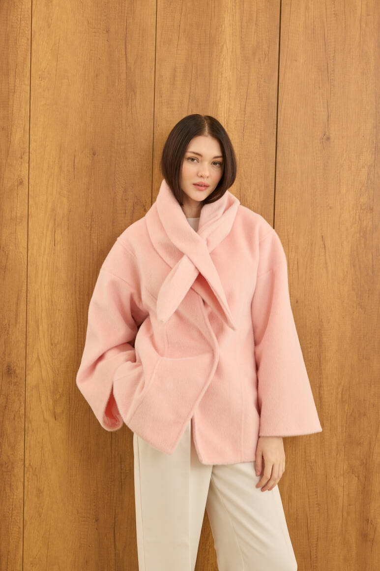 Fularlı Oturtmalı Midi Fox Kaban Soft Pembe - 5