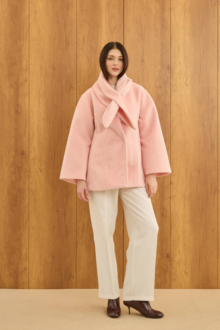 Fularlı Oturtmalı Midi Fox Kaban Soft Pembe - 1