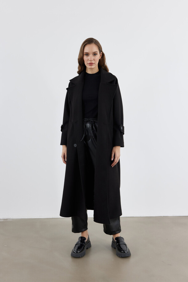 Geniş Yaka Kruvaze Kaşe Kaban Siyah - EMNORA