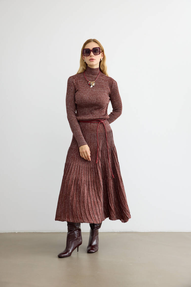 Glory Işıltılı Triko Elbise Acı Kahve - EMNORA