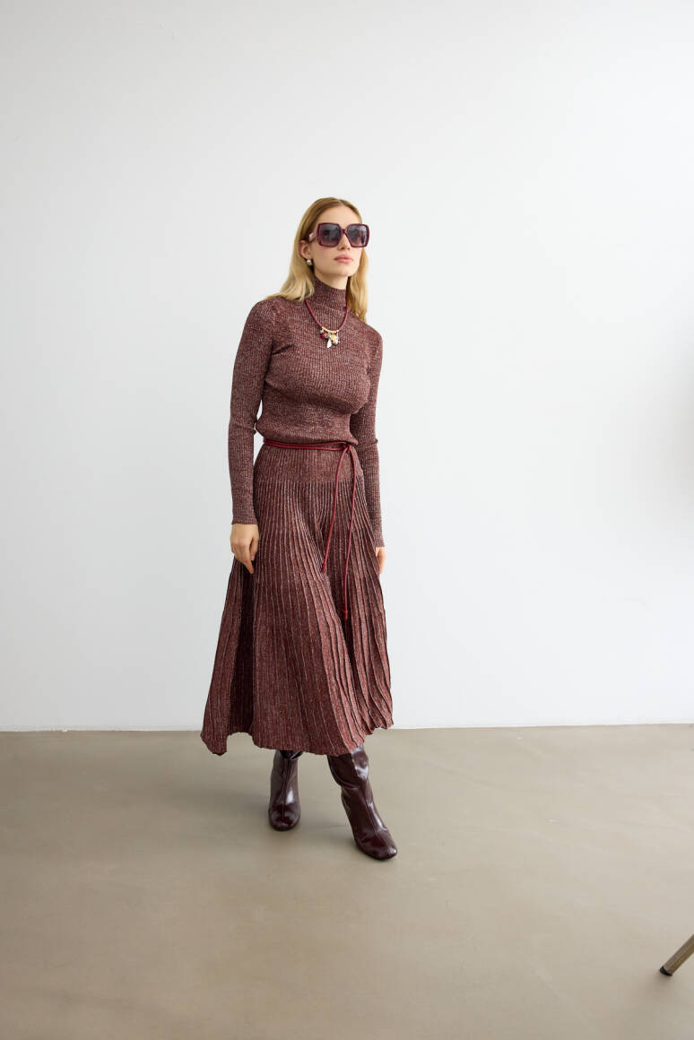 Glory Işıltılı Triko Elbise Acı Kahve - 5