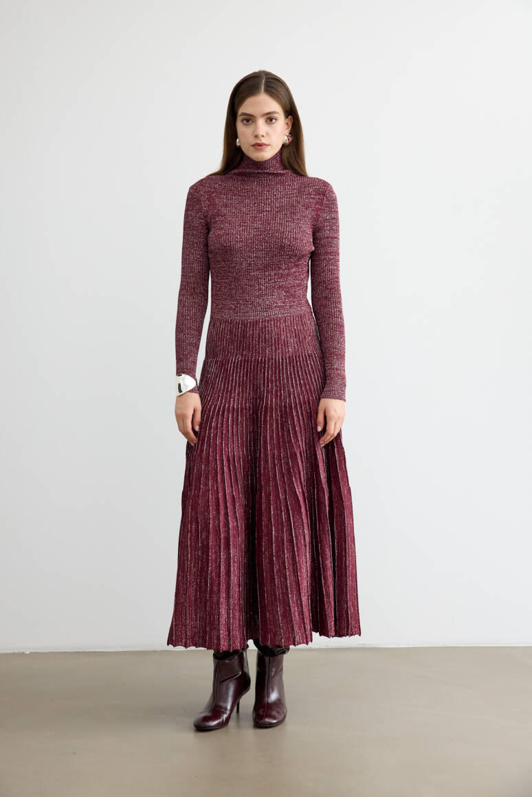 Glory Işıltılı Triko Elbise Bordo - 2