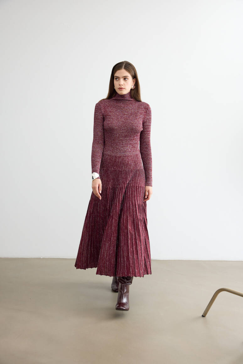 Glory Işıltılı Triko Elbise Bordo - 1