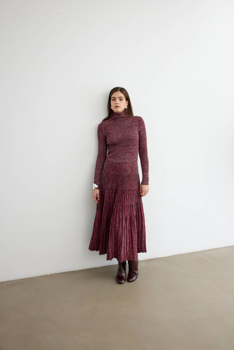 Glory Işıltılı Triko Elbise Bordo - 4