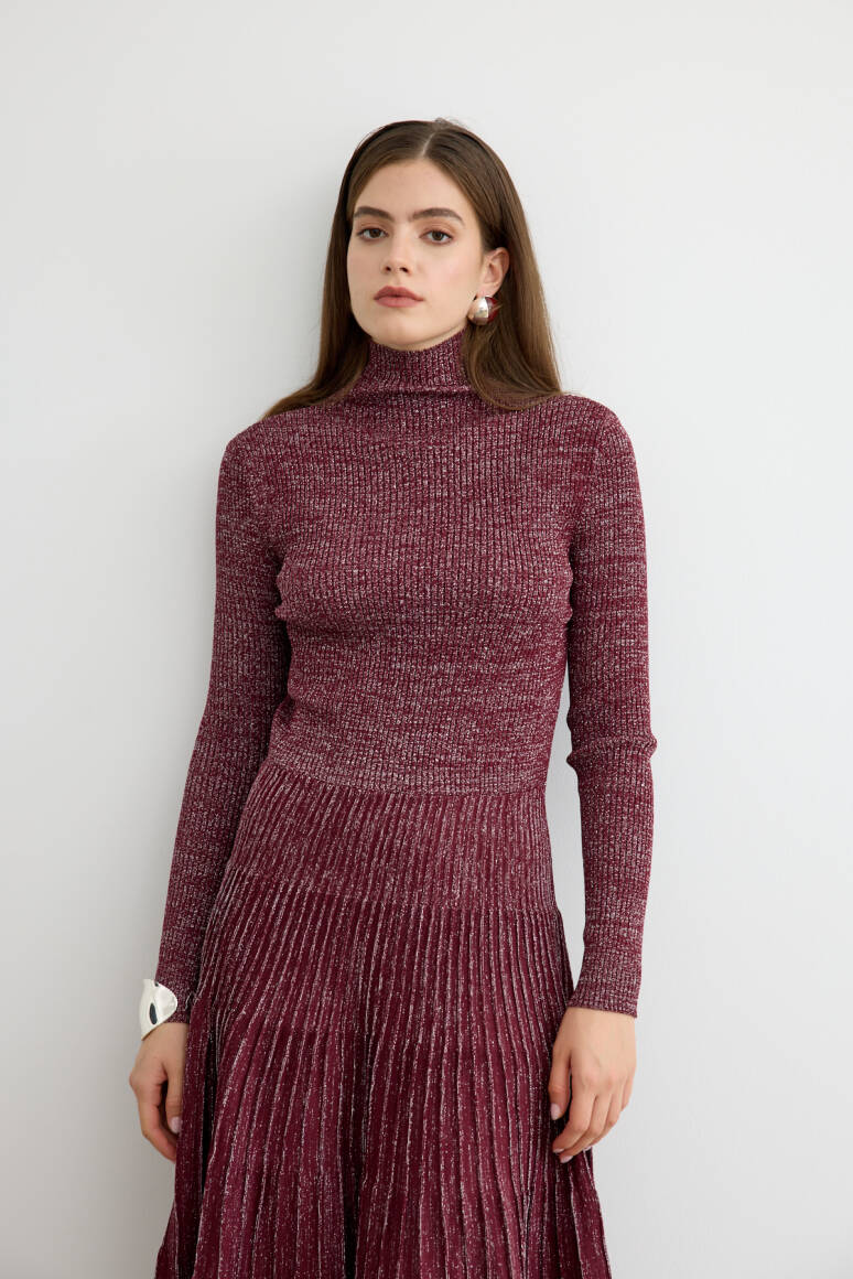 Glory Işıltılı Triko Elbise Bordo - 5