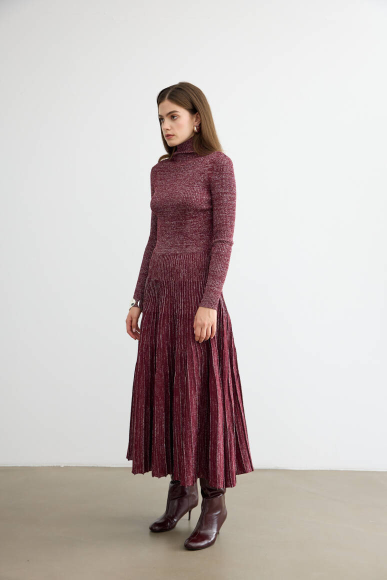 Glory Işıltılı Triko Elbise Bordo - 6