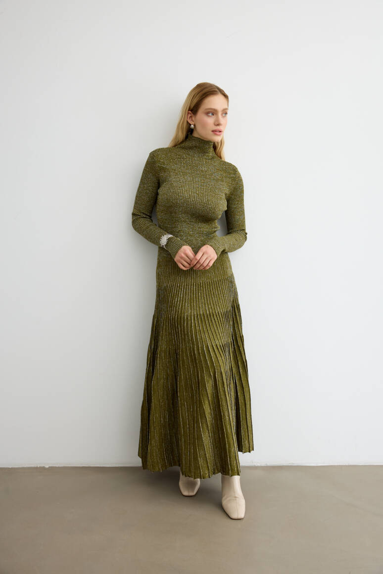 Glory Işıltılı Triko Elbise Haki Yeşili - EMNORA