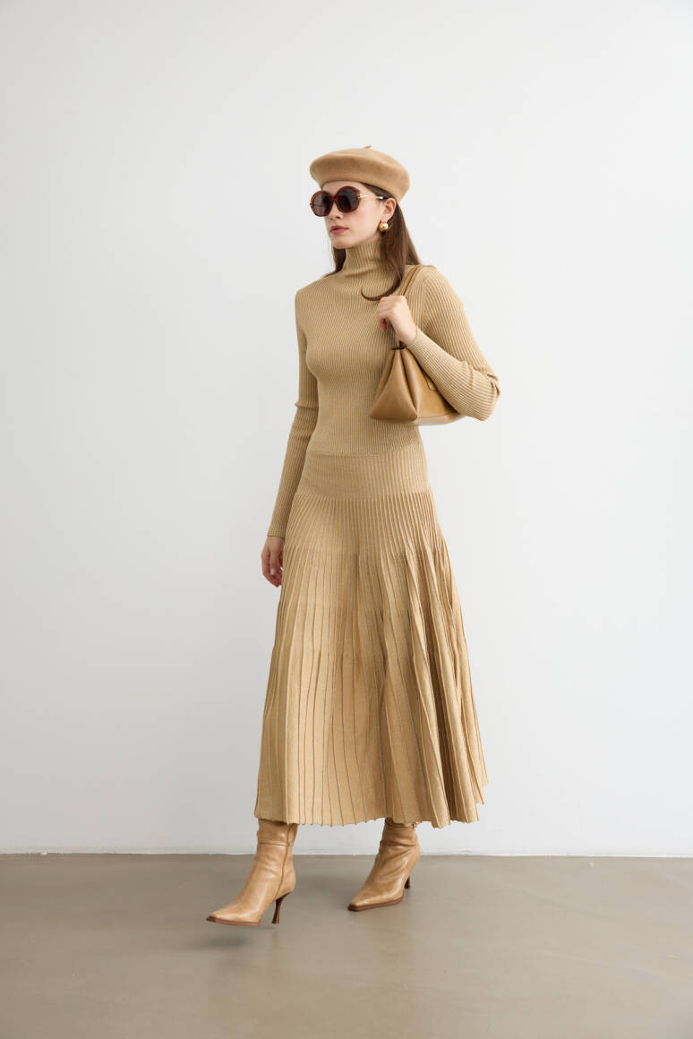 Glory Işıltılı Triko Elbise Sütlü Kahve - EMNORA