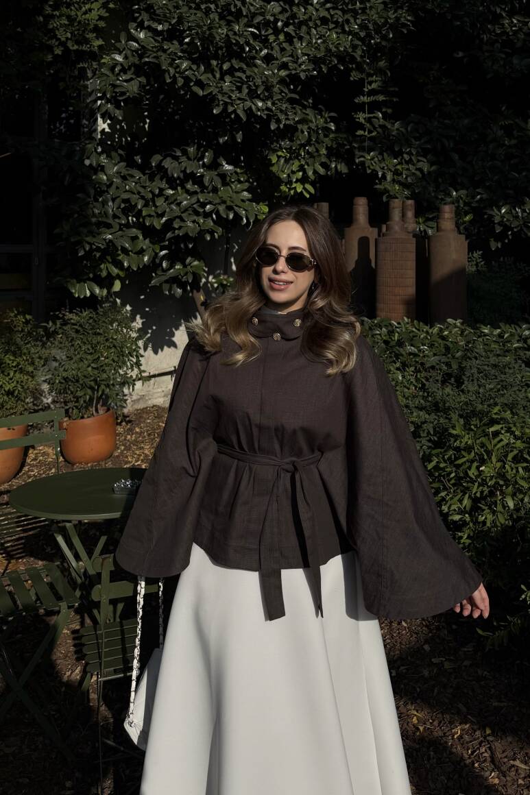 Gold Düğmeli Denim Panço Acı Kahve - 11