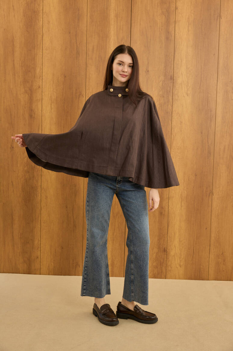 Gold Düğmeli Denim Panço Acı Kahve - 4