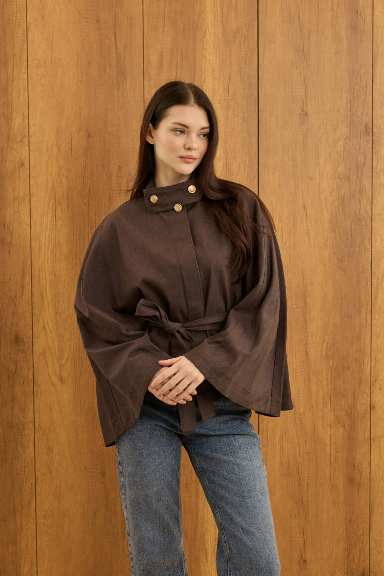 Gold Düğmeli Denim Panço Acı Kahve - 2