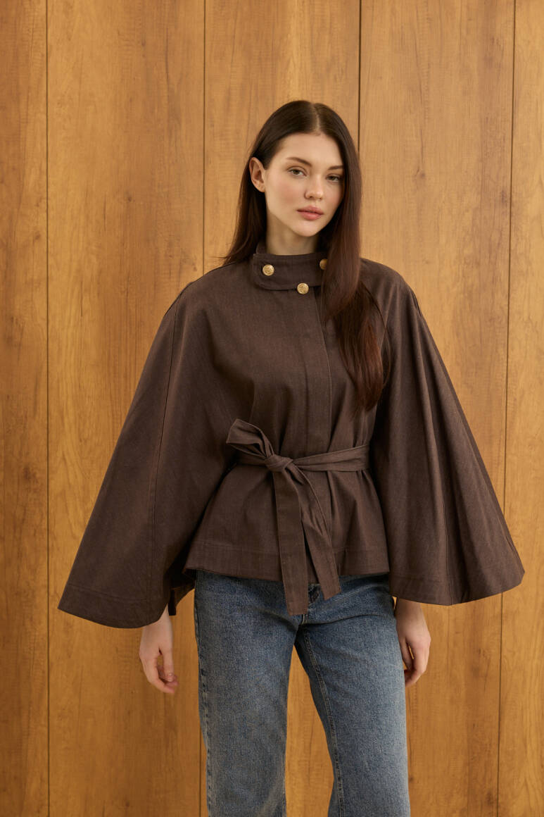 Gold Düğmeli Denim Panço Acı Kahve - 1