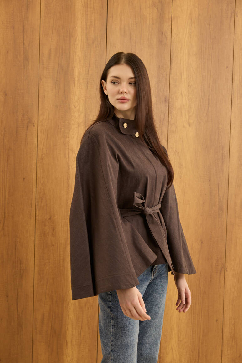 Gold Düğmeli Denim Panço Acı Kahve - 5