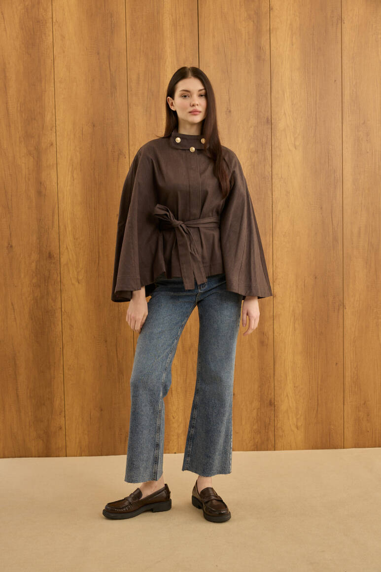 Gold Düğmeli Denim Panço Acı Kahve - 3