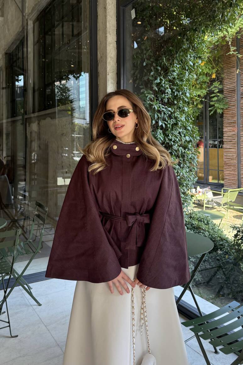 Gold Düğmeli Denim Panço Burgonya - 9