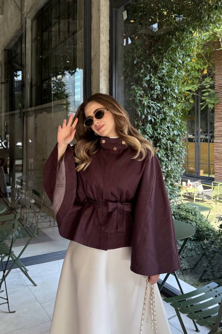 Gold Düğmeli Denim Panço Burgonya - 12
