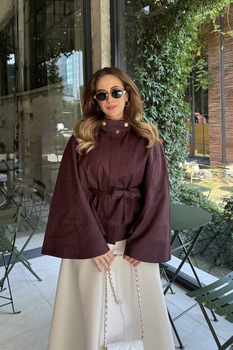 Gold Düğmeli Denim Panço Burgonya - 10