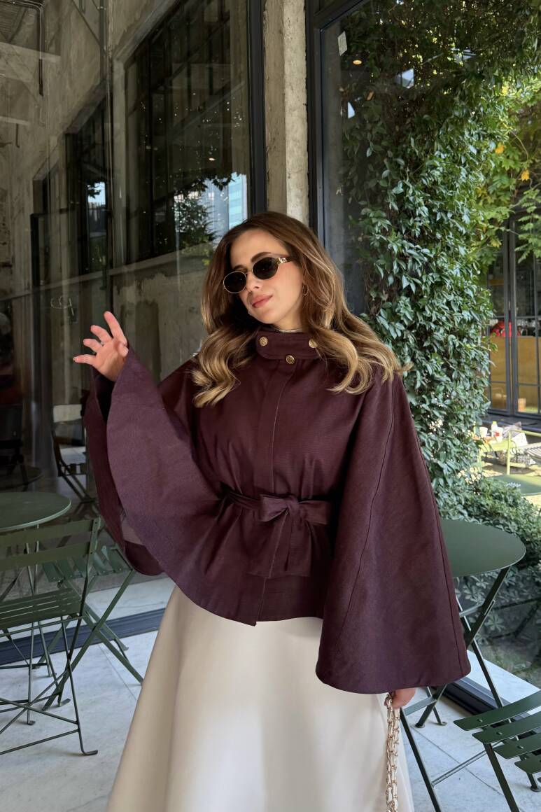 Gold Düğmeli Denim Panço Burgonya - 8