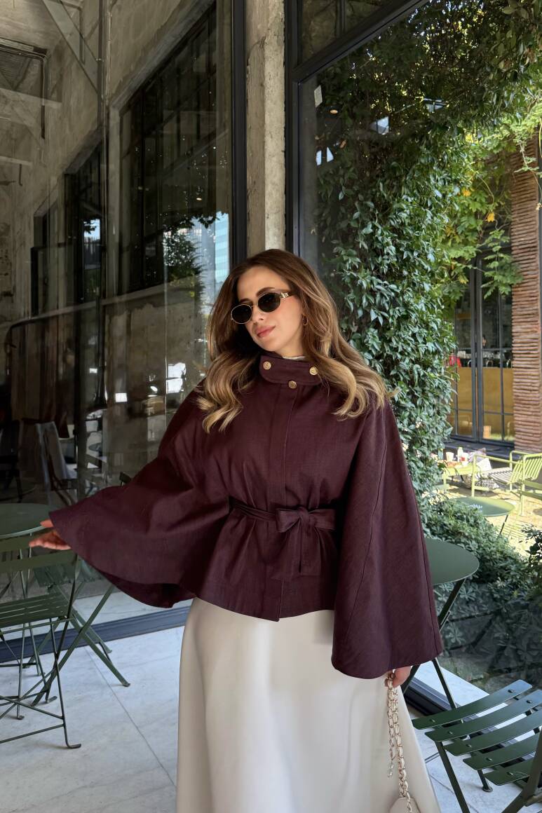 Gold Düğmeli Denim Panço Burgonya - 11