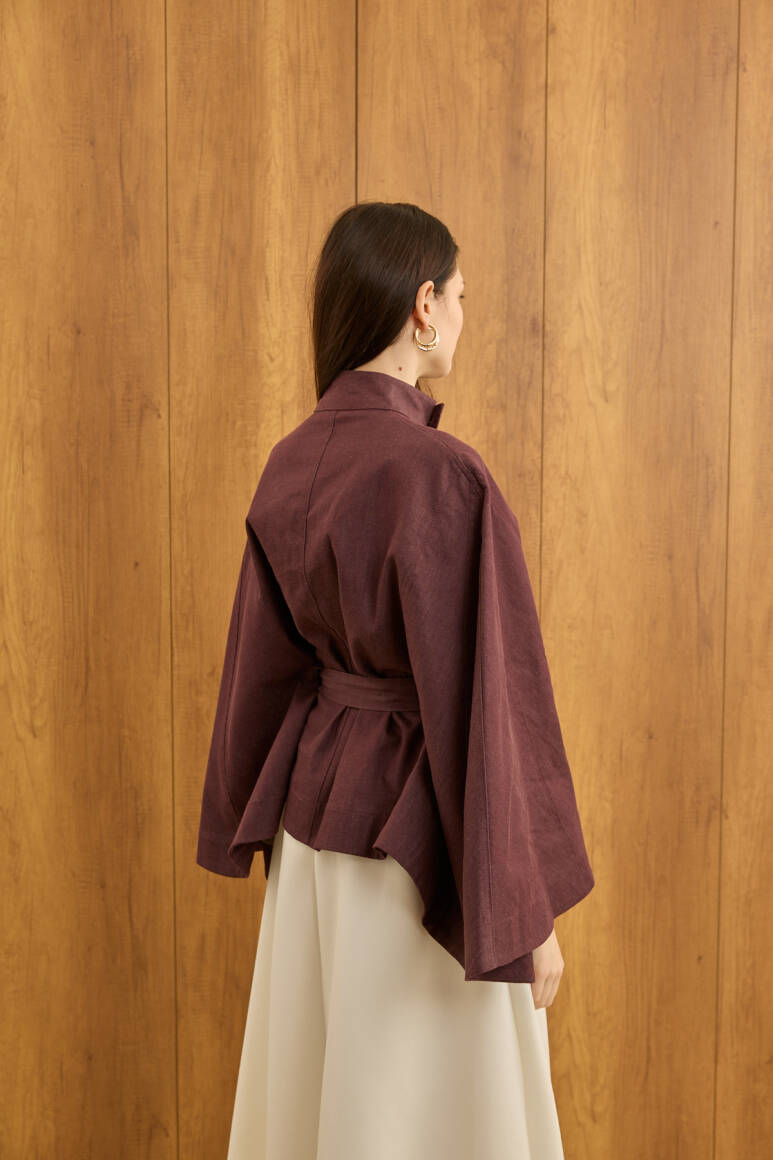 Gold Düğmeli Denim Panço Burgonya - 7