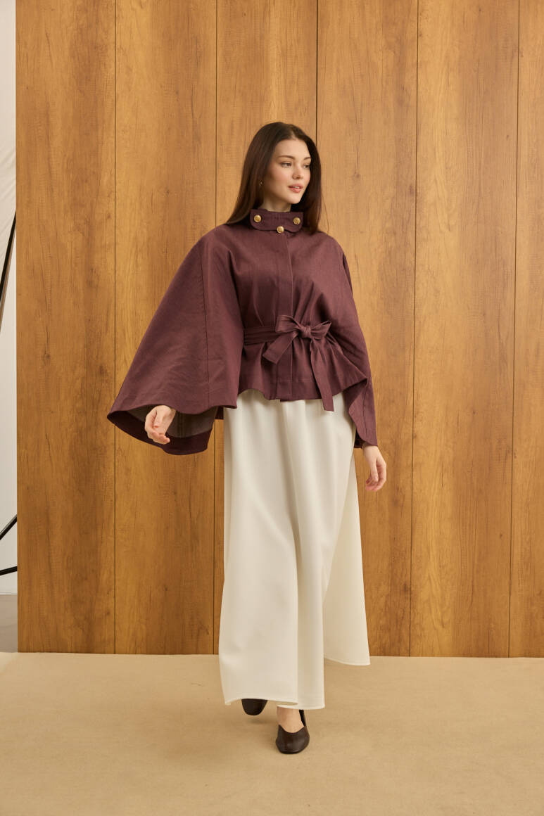 Gold Düğmeli Denim Panço Burgonya - 5