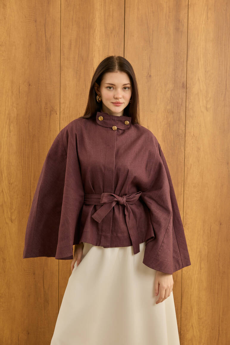 Gold Düğmeli Denim Panço Burgonya - 2