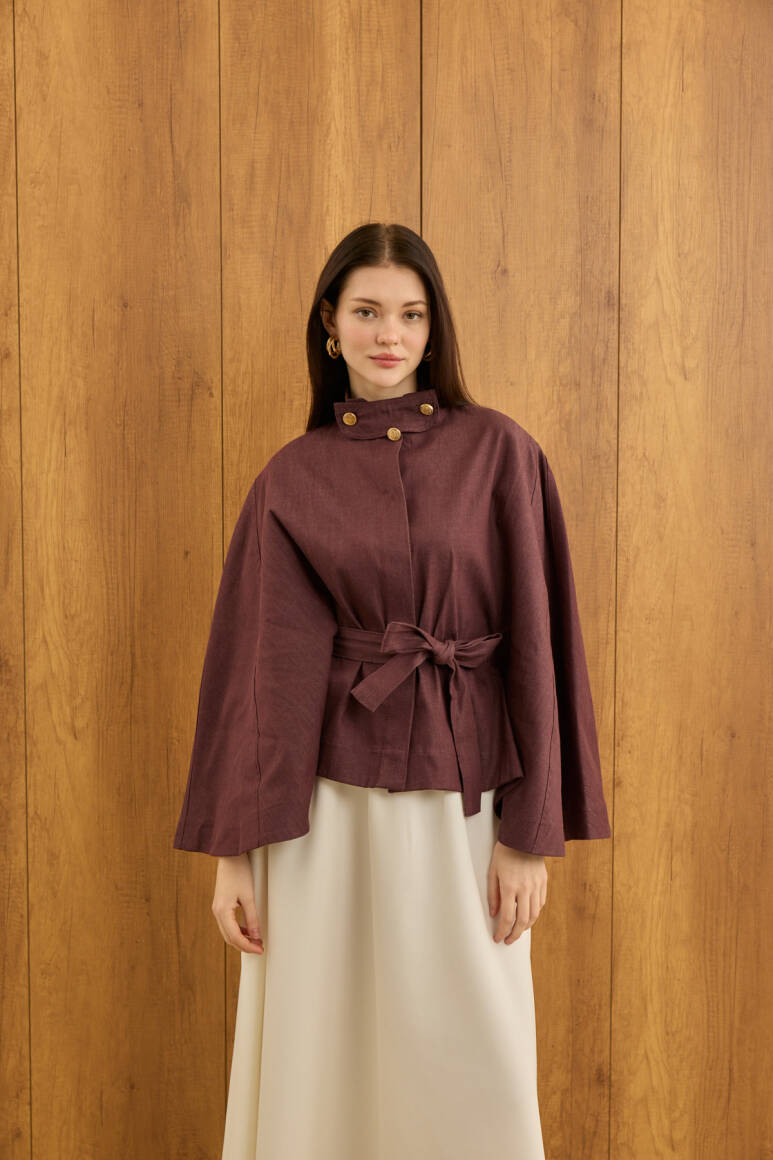 Gold Düğmeli Denim Panço Burgonya - 6