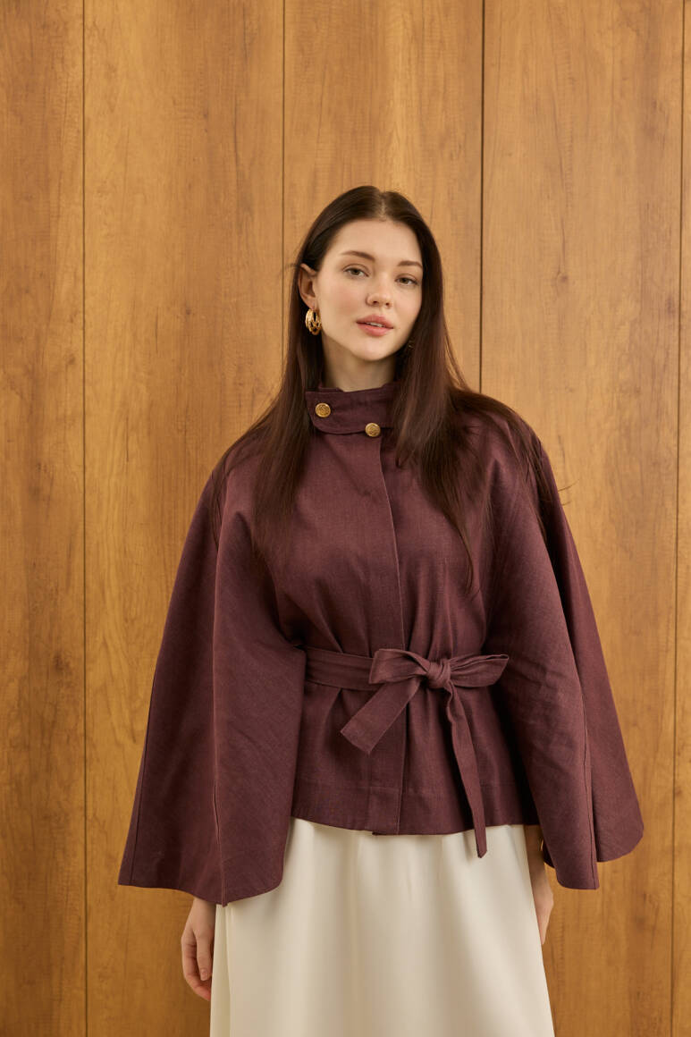 Gold Düğmeli Denim Panço Burgonya - 3