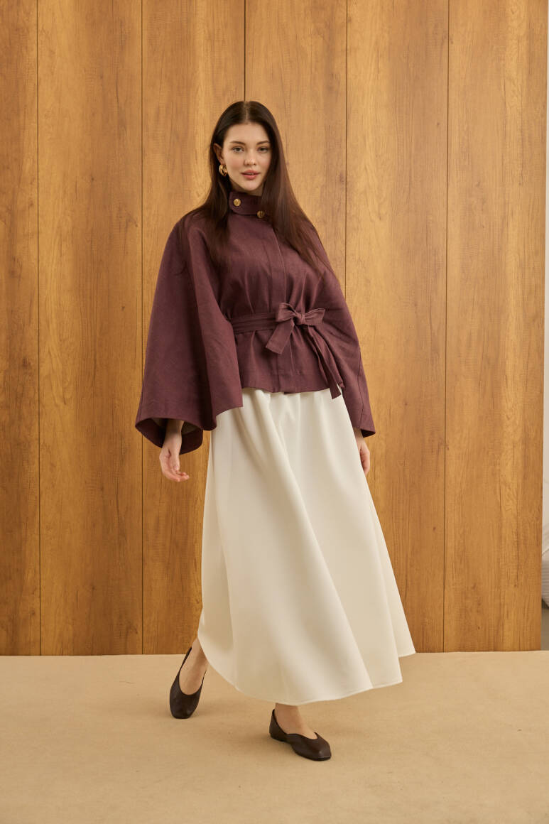 Gold Düğmeli Denim Panço Burgonya - 1