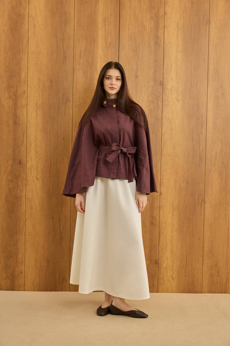 Gold Düğmeli Denim Panço Burgonya - 4