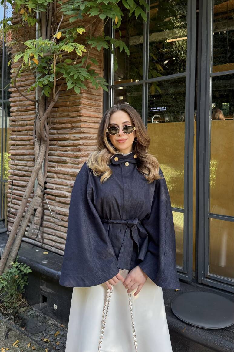 Gold Düğmeli Denim Panço Lacivert - 9