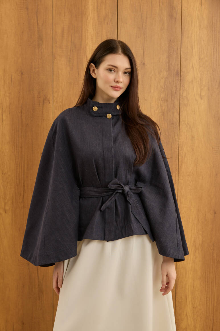 Gold Düğmeli Denim Panço Lacivert - EMNORA