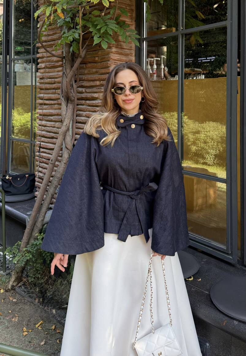 Gold Düğmeli Denim Panço Lacivert - 7