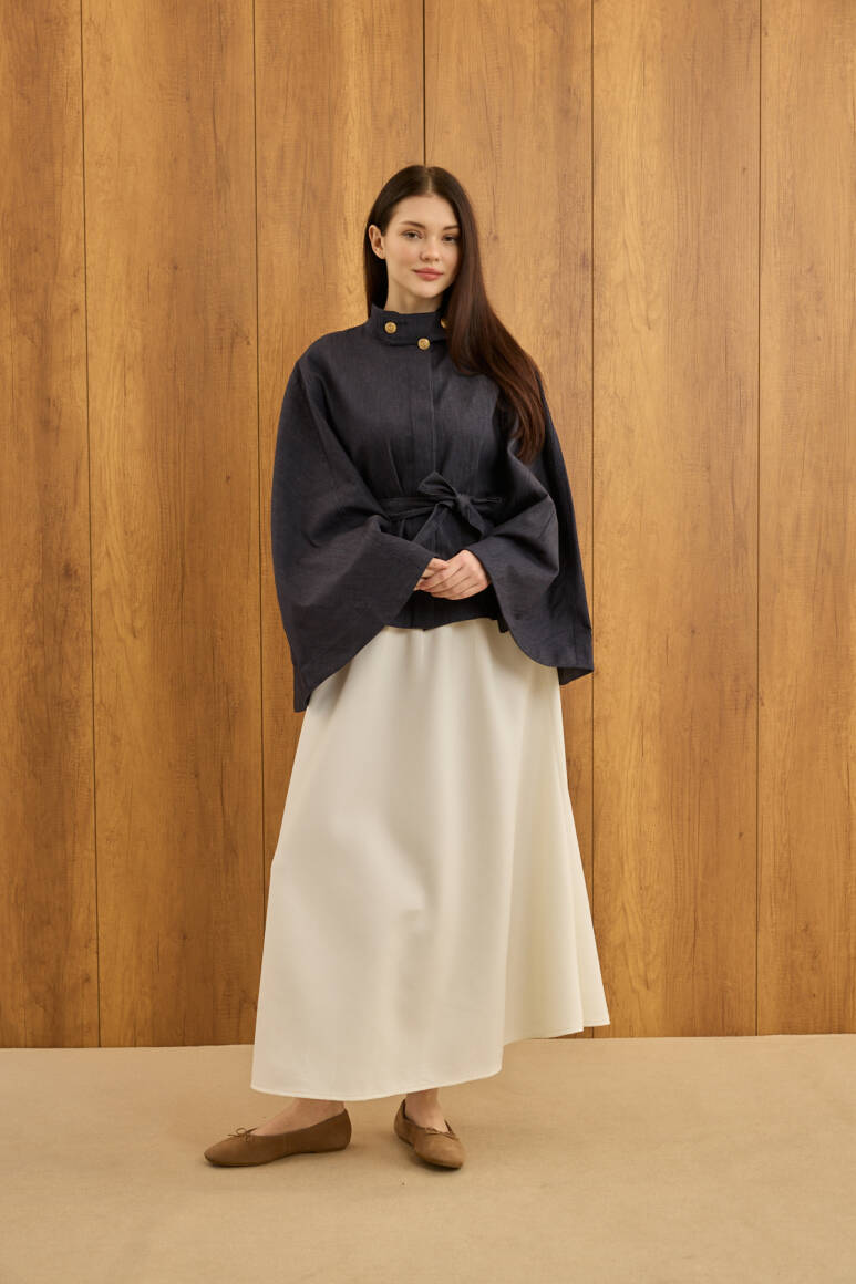 Gold Düğmeli Denim Panço Lacivert - 4